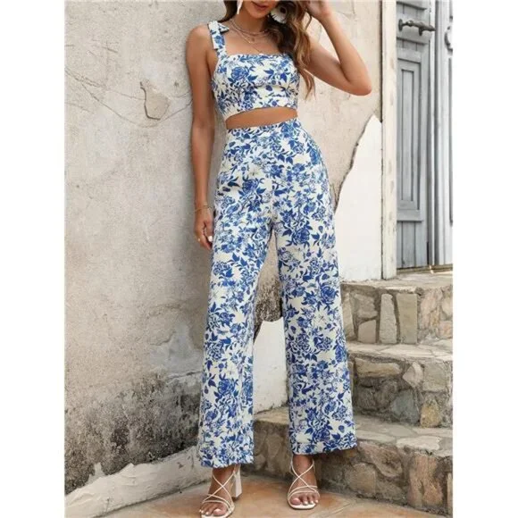 2 Piece Sets Boho Floral Crop Tank Cami Tops and Wide Leg Pants For Women